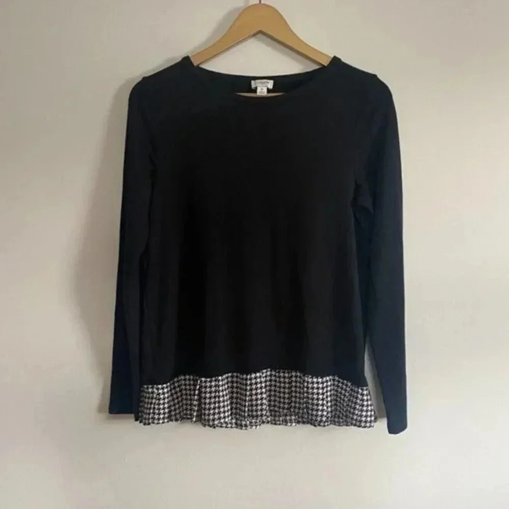 J Crew Black Top with Gingham Ruffle